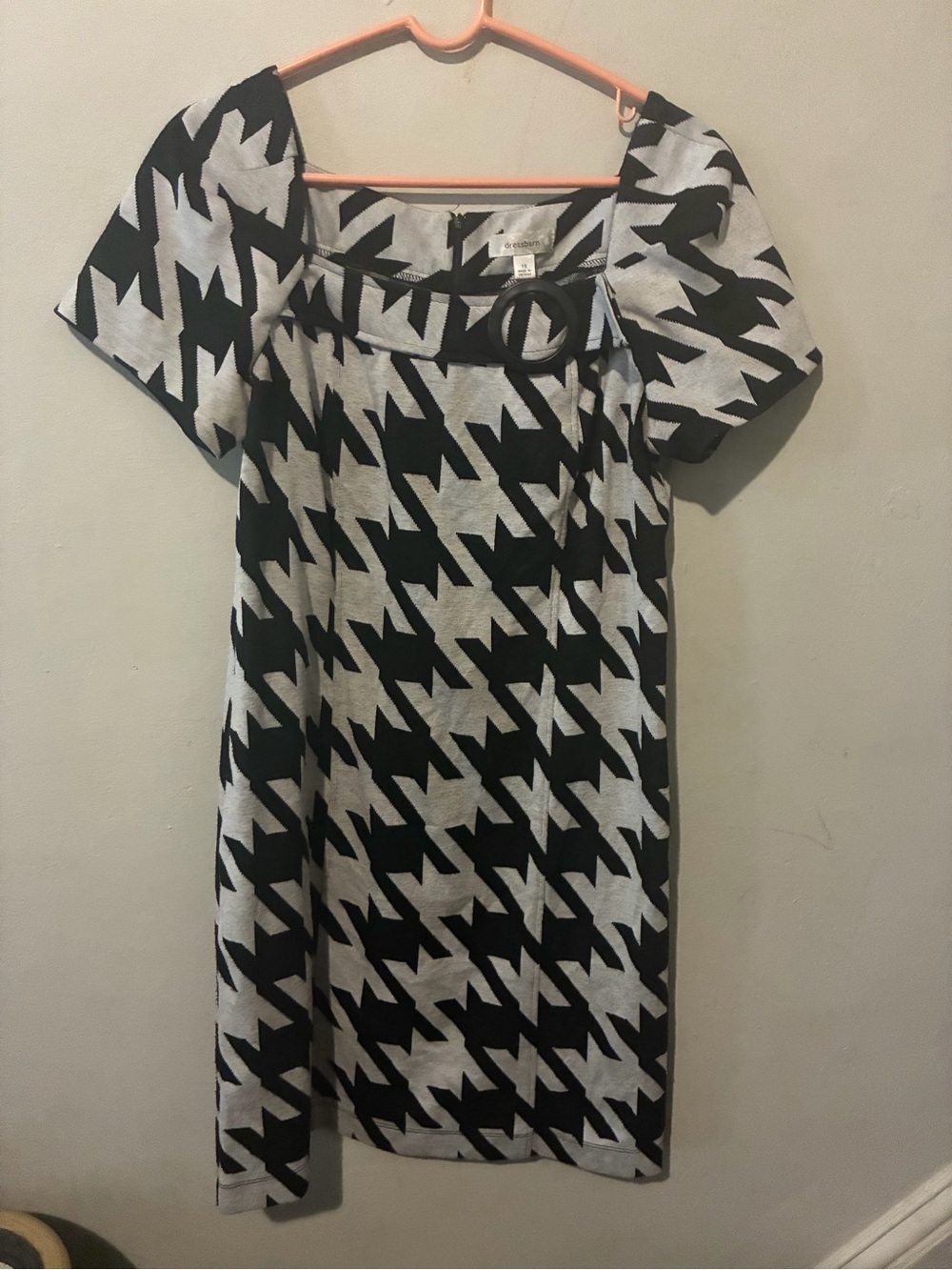 dressbarn Black and White Houndstooth Belted Square-Neck Dress